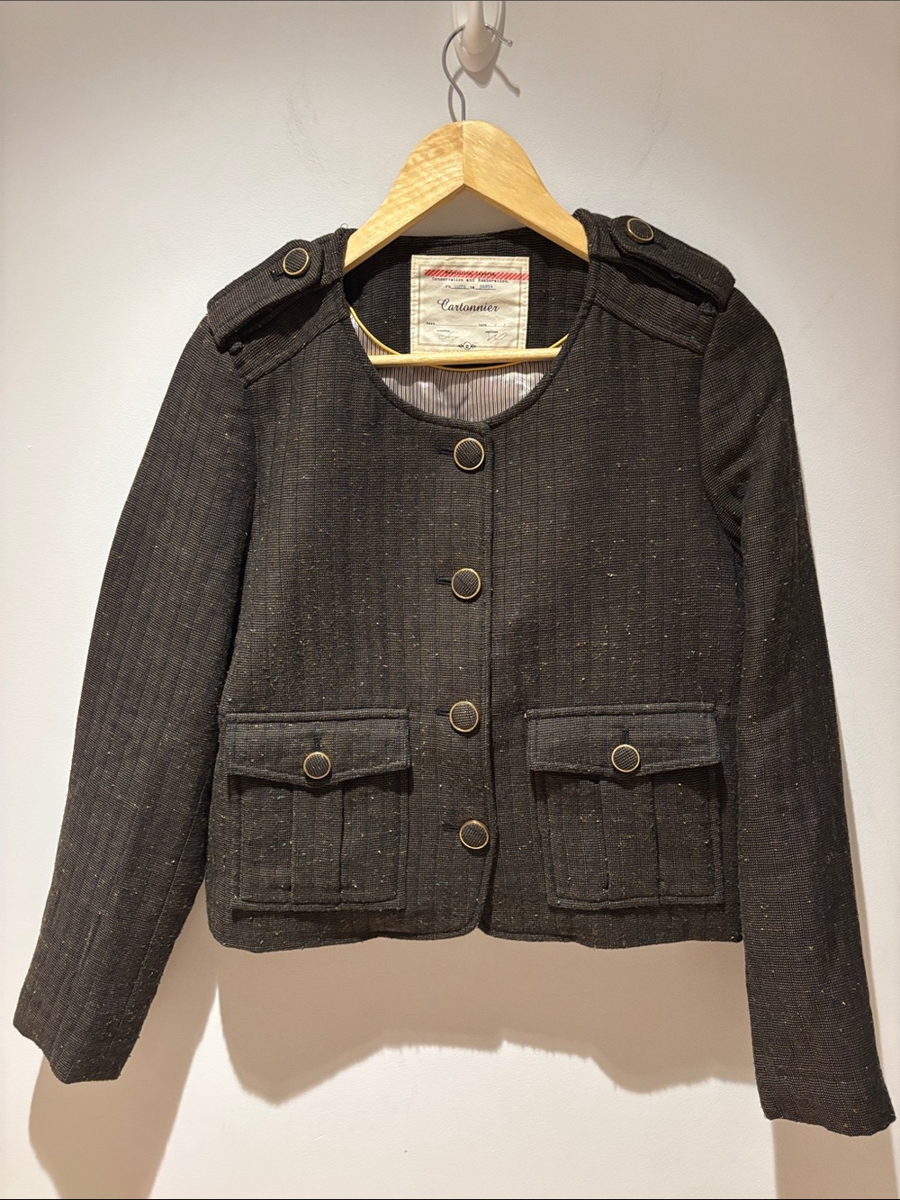 Cartonnier Stunning Brown Tweed Military-Inspired Button Jacket